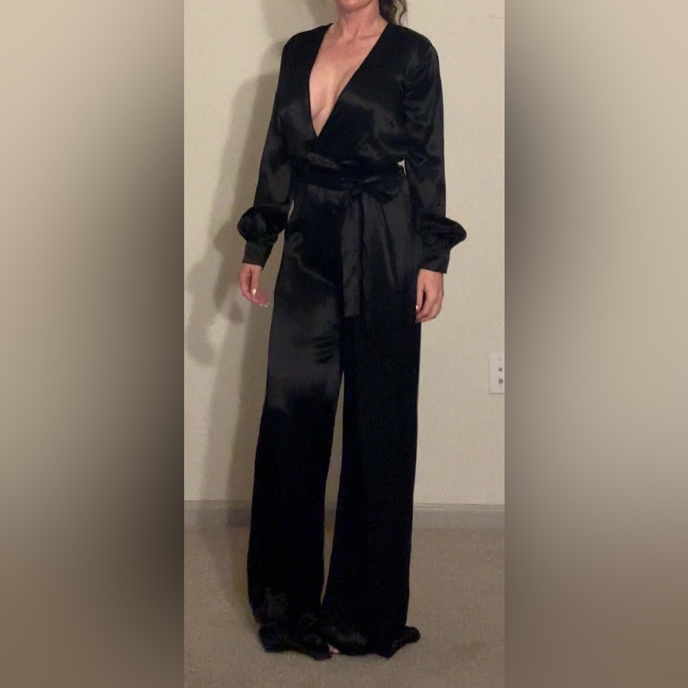 After Party by Nasty Gal Black Satin Belted Romper